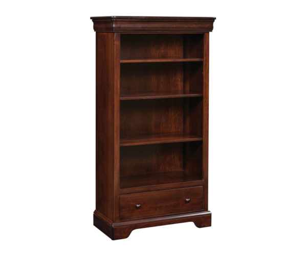 A dark wooden bookcase with four large empty shelves and a drawer on the bottom