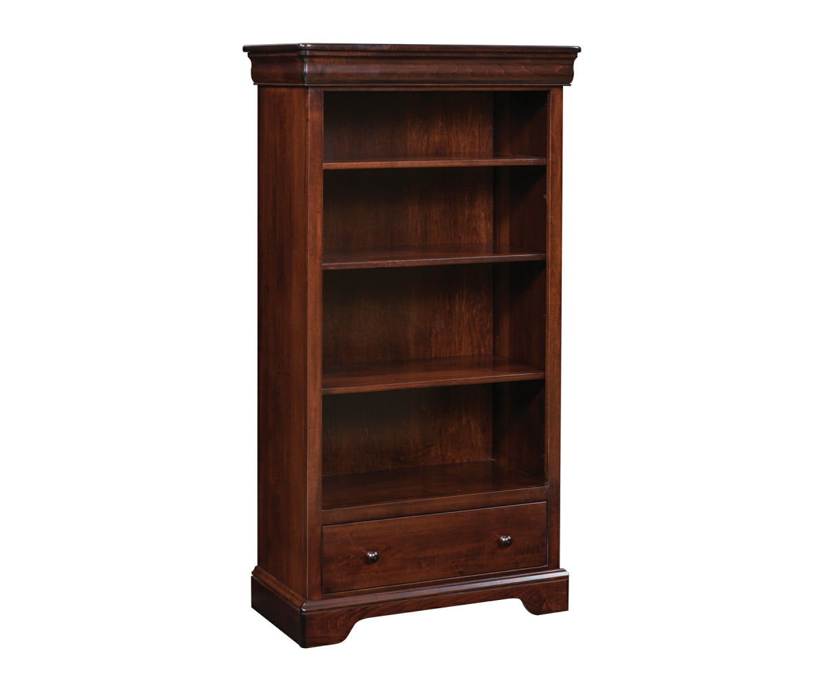 A dark wooden bookcase with four large empty shelves and a drawer on the bottom