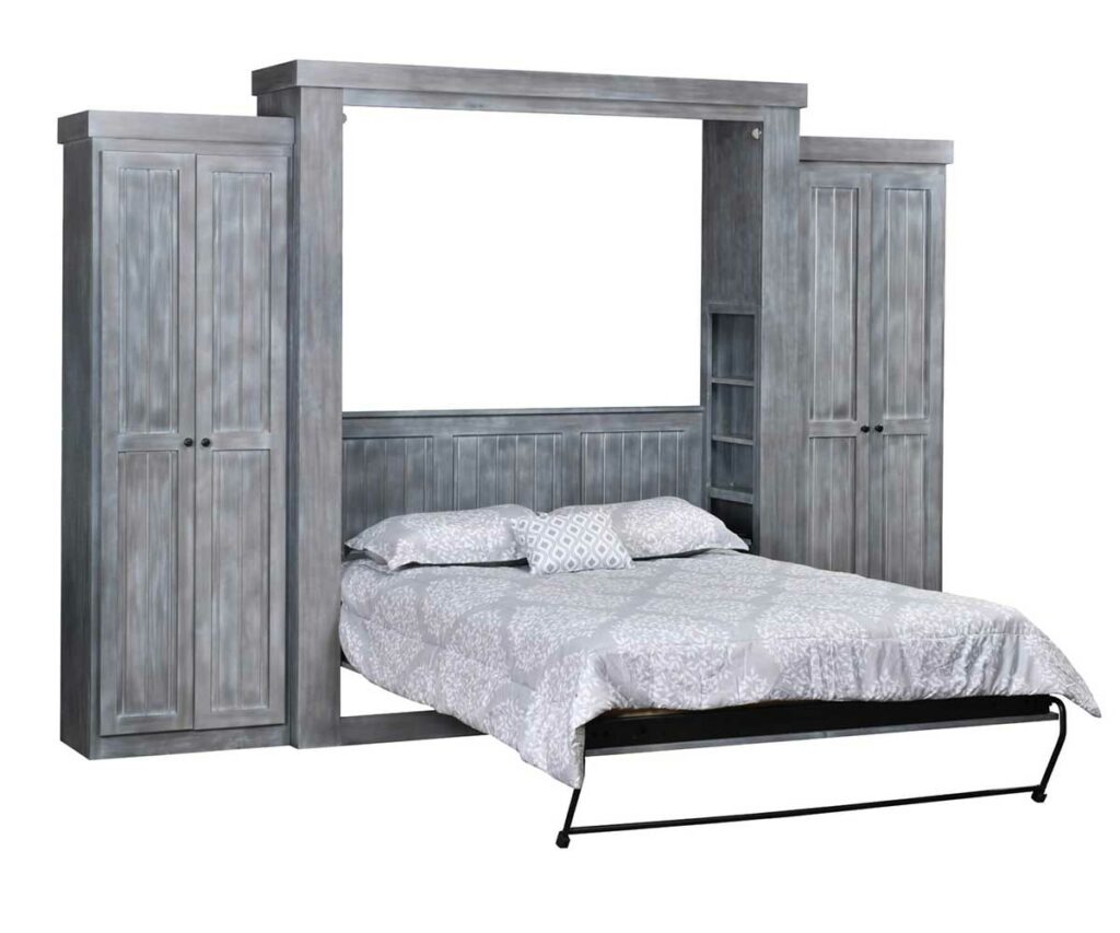 Unfolded gray wood murphy bed