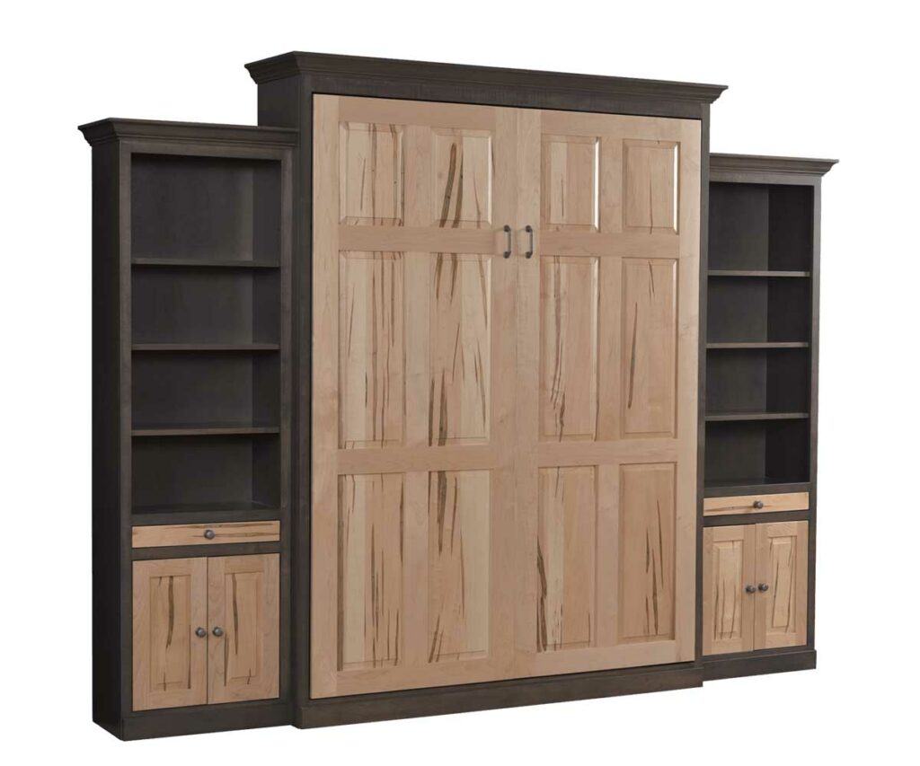 Closed murphy bed made from light and dark contrasting hardwood.