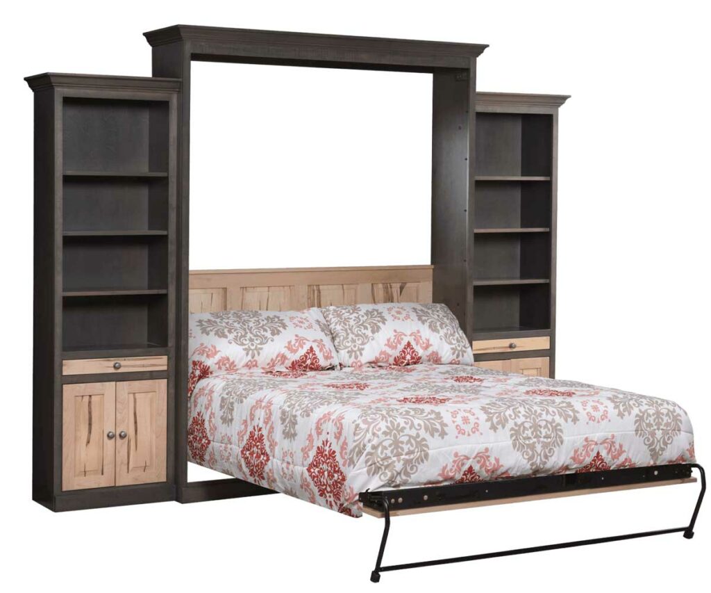 Murphy bed made from contrasting dark and light hardwoods.