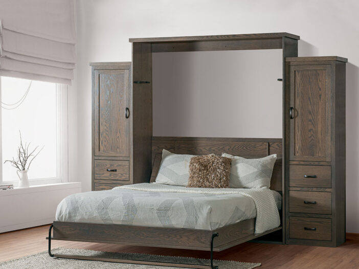 Murphy bed unfolded, made from hardwood