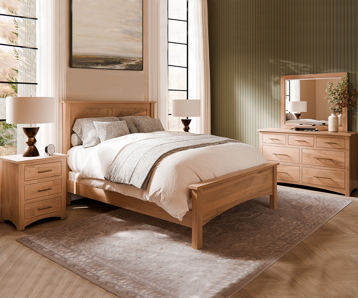 Light wood bedroom set in a clean, minimalist room with warm natural tones.