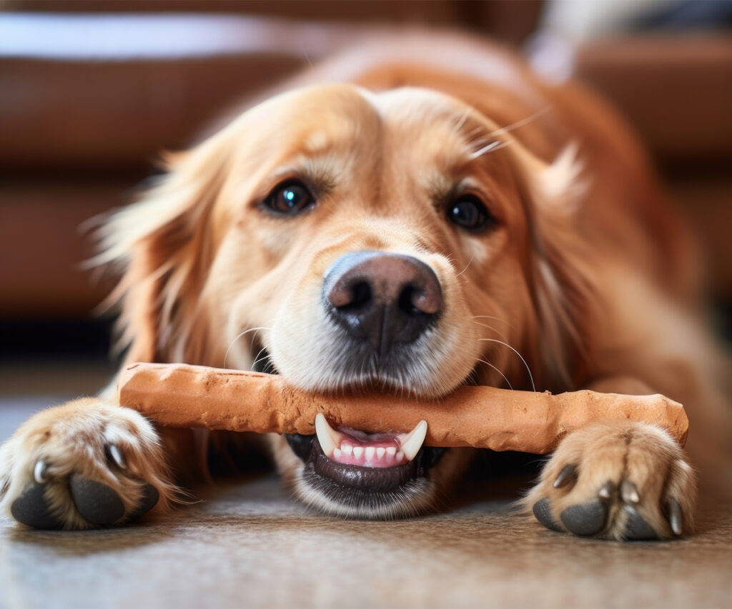 Protecting wood furniture: dog chewing a toy, a reminder to prevent pet