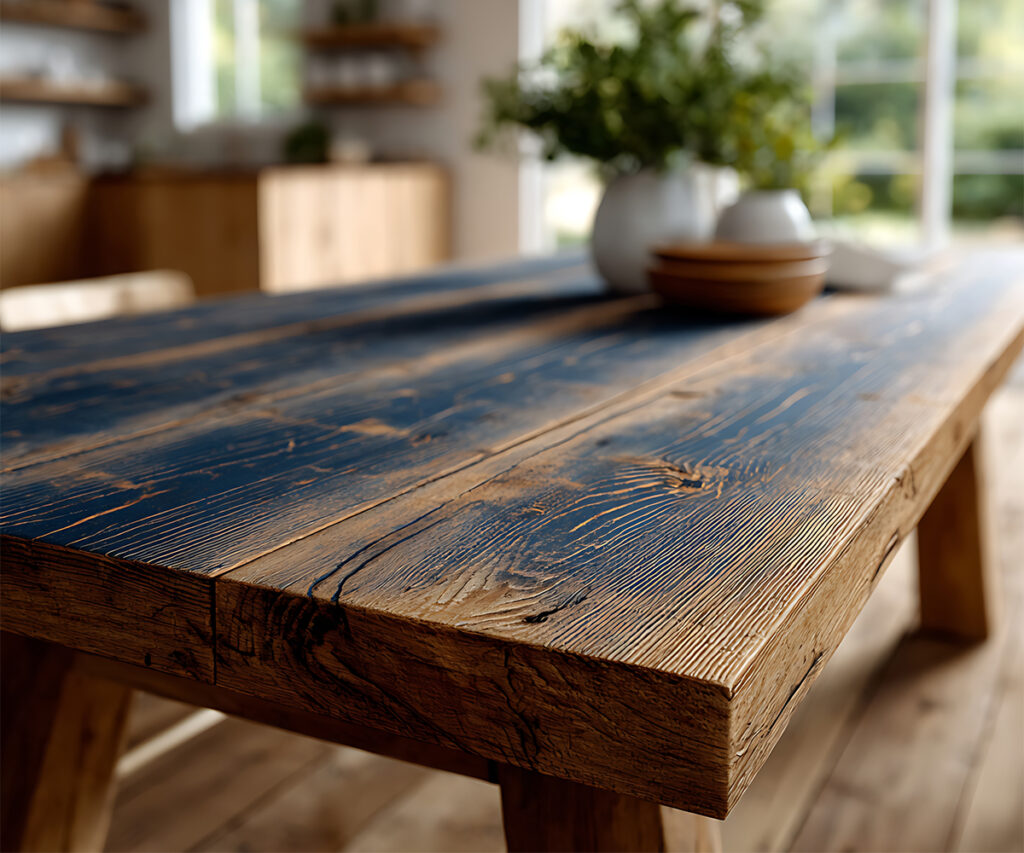 Wood care guide: rustic dining table with waxed, restored finish.