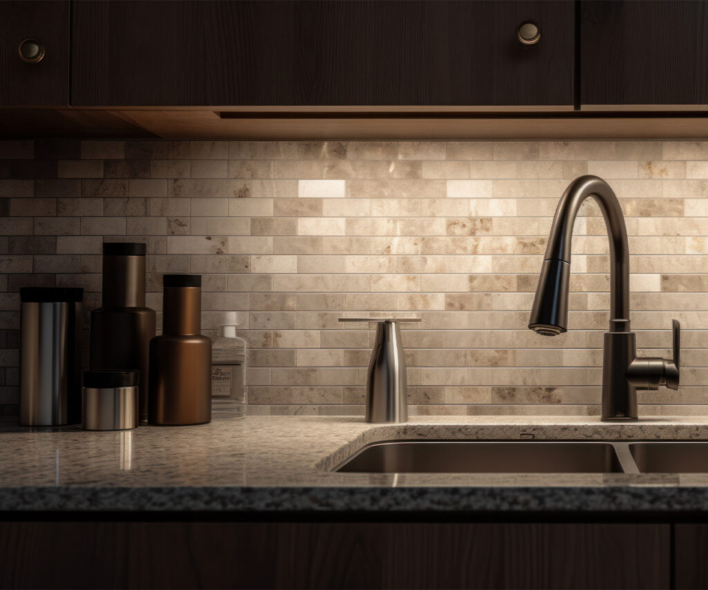 Stone tile backsplash and dark kitchen cabinetry above a sink and countertop.