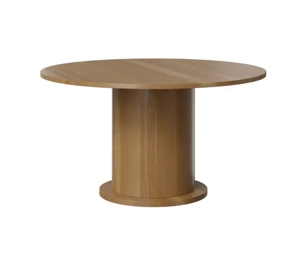 Round solid wood dining table with a cylindrical pedestal base.