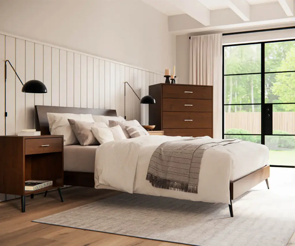 Modern bedroom with a dark wood bed, nightstands, and matching chest of drawers.