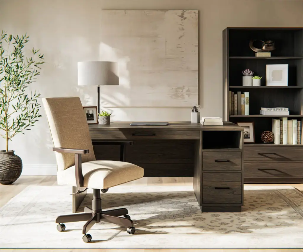 Home office with a dark wood desk, bookcase, and upholstered desk chair.