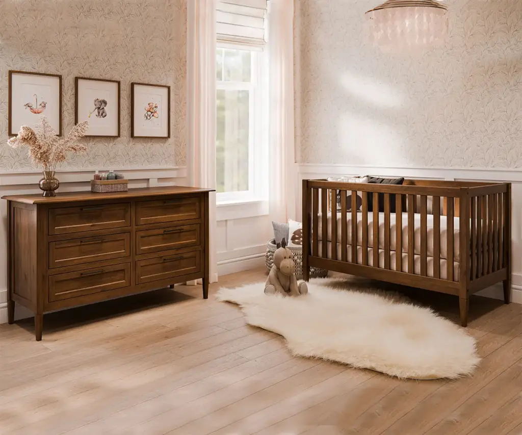 Nursery with a solid wood crib and matching dresser with changing area.