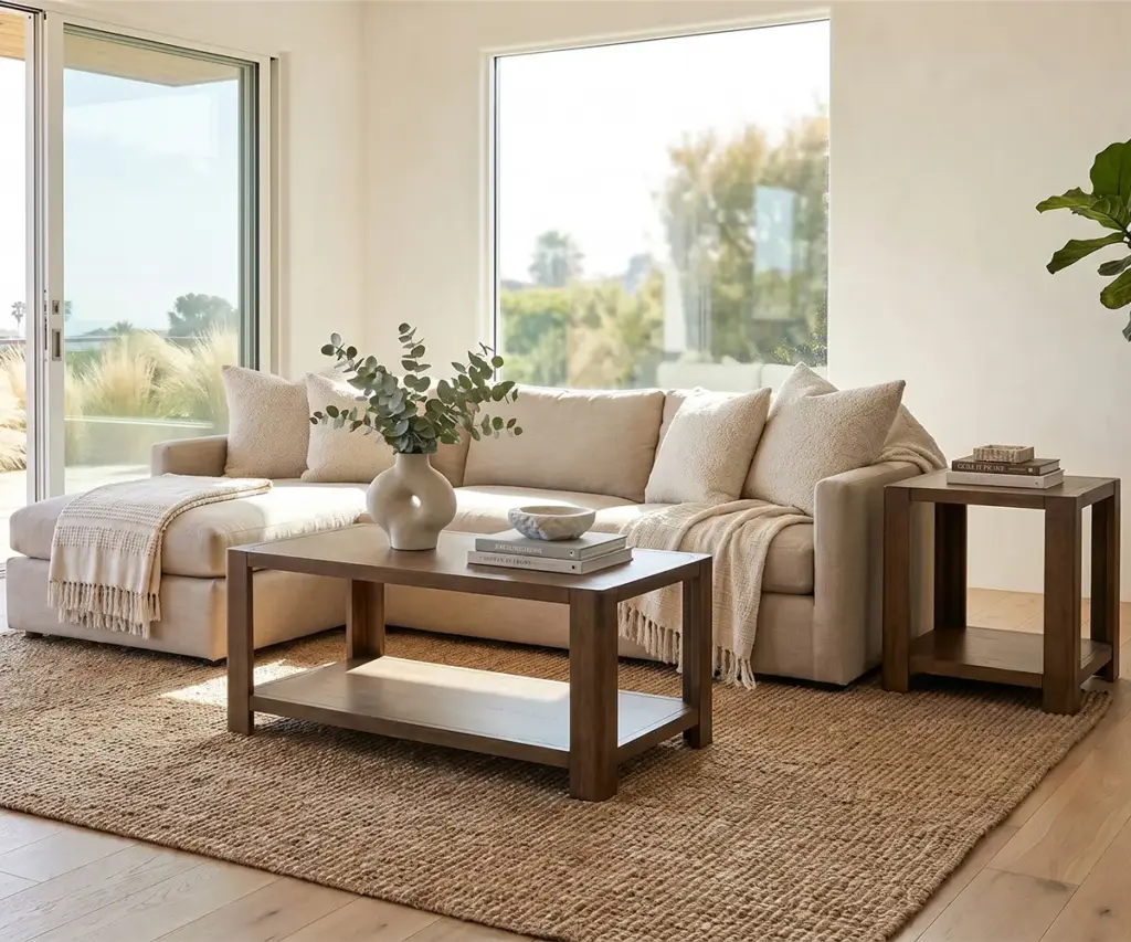 Bright living room with a beige sectional sofa and solid wood coffee and end tables.