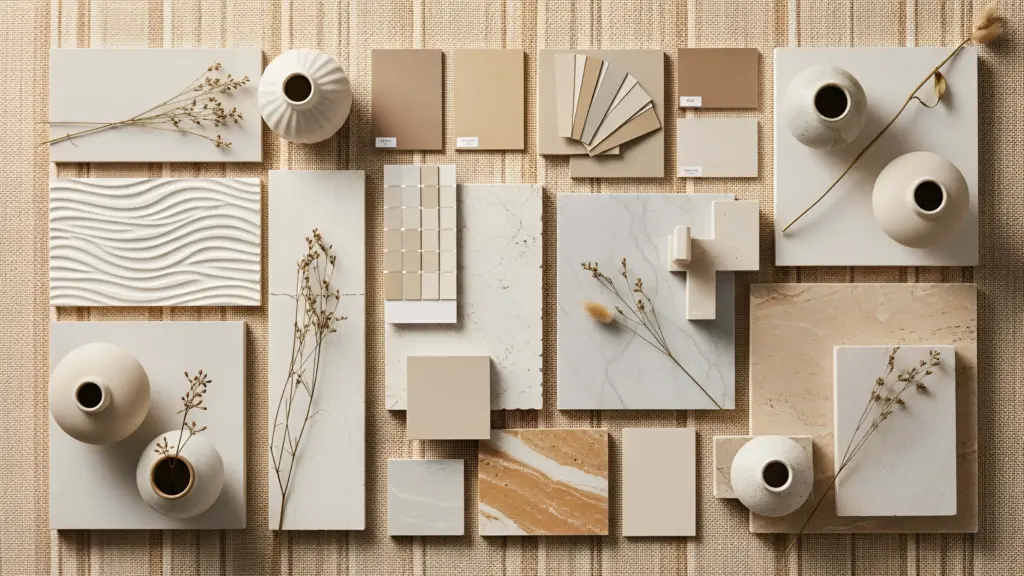 Neutral interior design mood board with wood tones, stone, tile, and textured materials