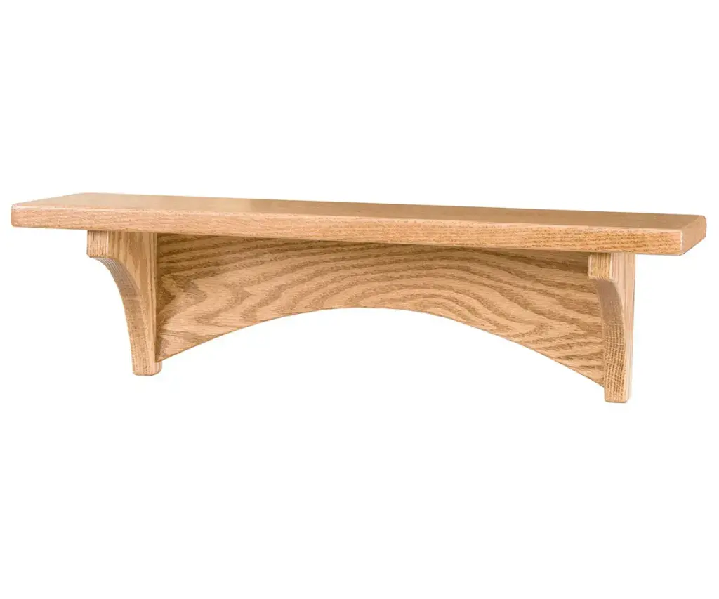 Natural wood wall shelf with curved support details