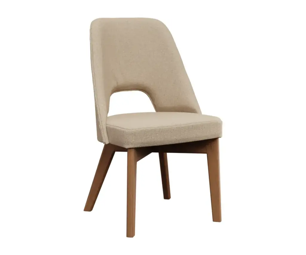 Upholstered dining chair with cream fabric, curved back, and dark wood legs