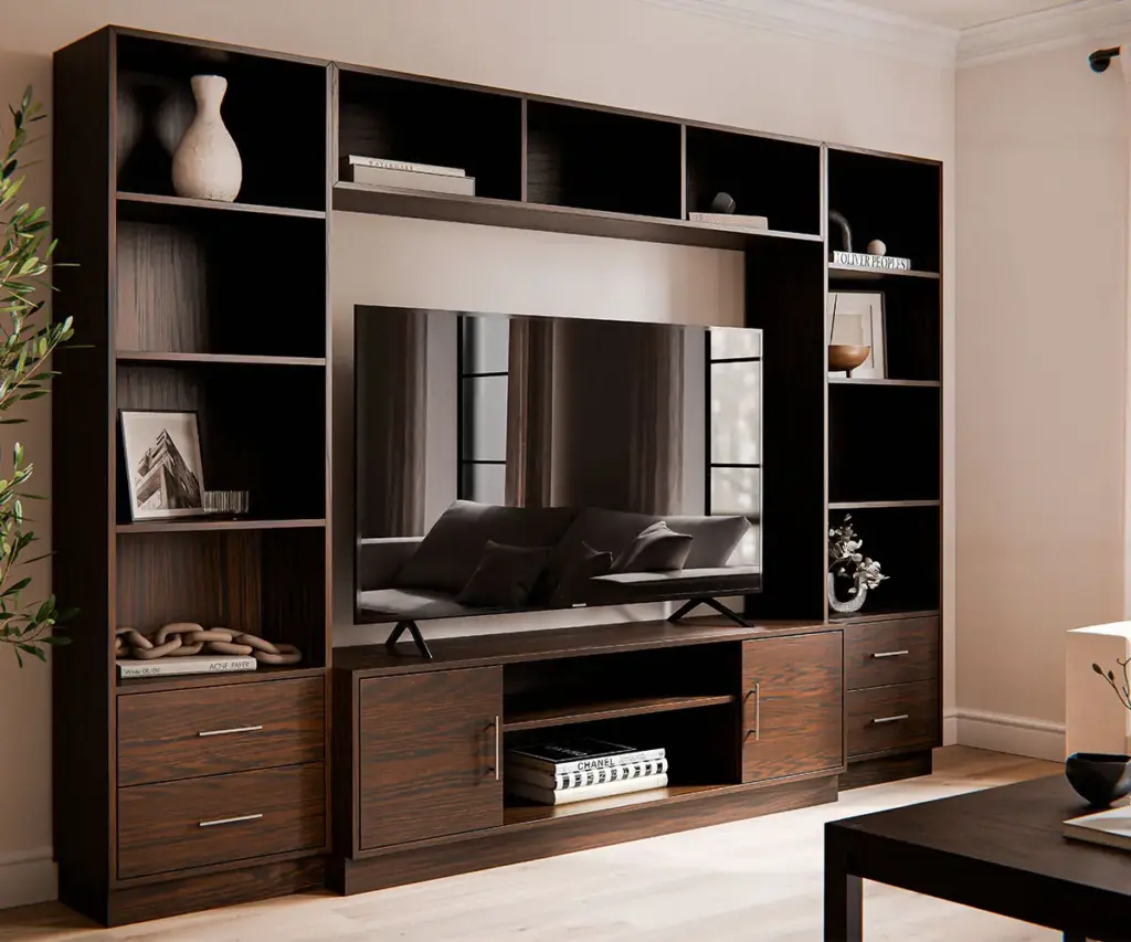 Dark wood entertainment center with shelving and storage surrounding a television