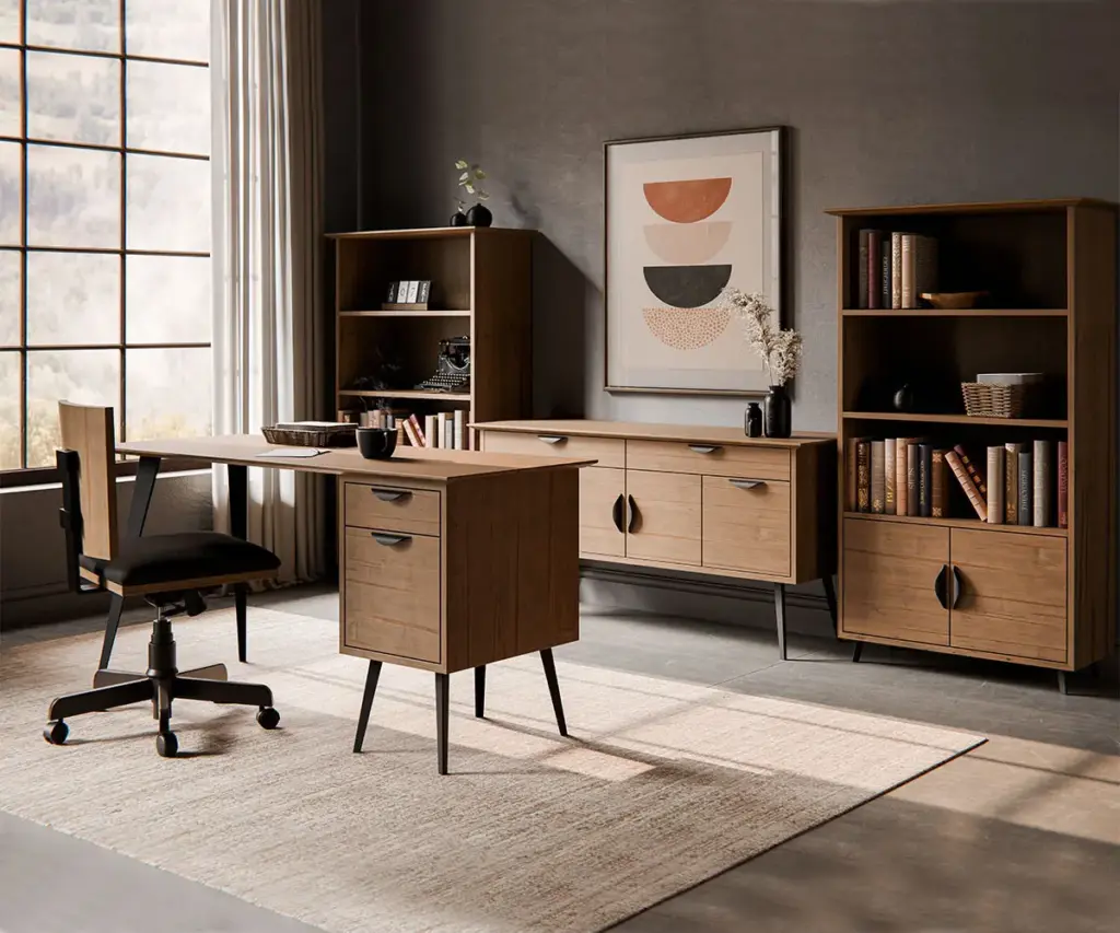 Contemporary wood home office with desk, storage cabinet, and matching bookcases