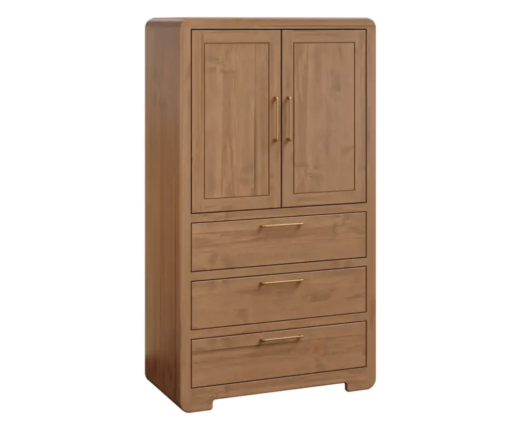 Light wood storage cabinet with rounded corners, doors, drawers, and metal hardware