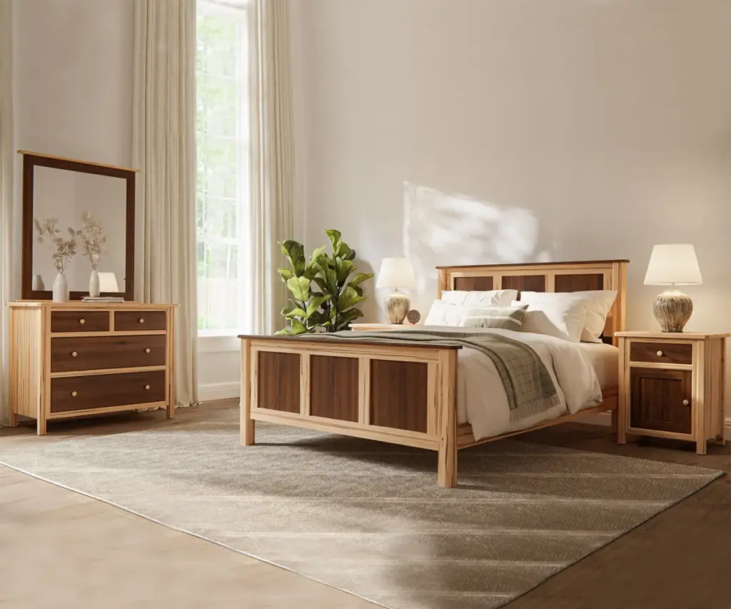 Modern Amish furniture bedroom set with wood bed, dresser, mirror, and nightstand
