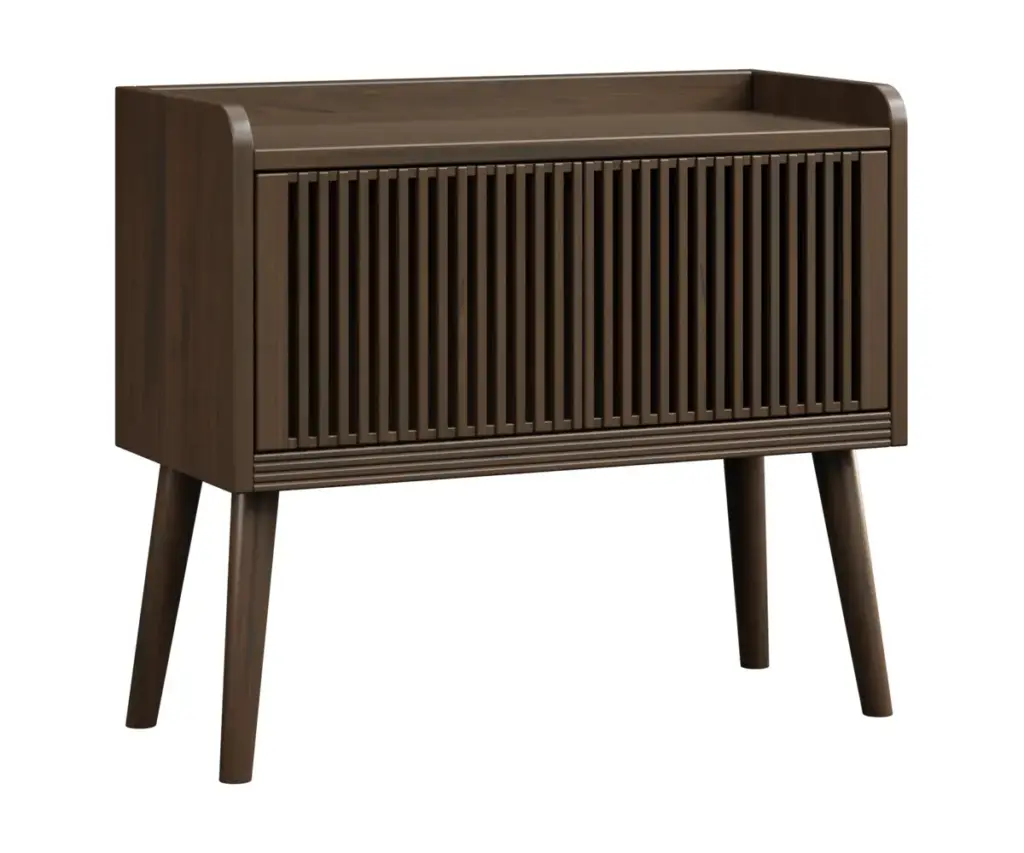 Dark wood console cabinet with rounded edges, slatted doors, and tapered legs