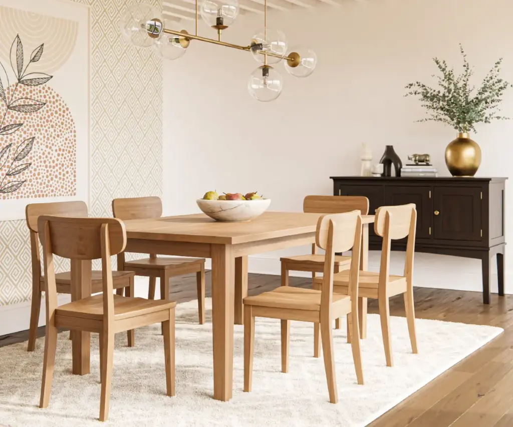 Light wood dining table and chairs styled in a contemporary dining room