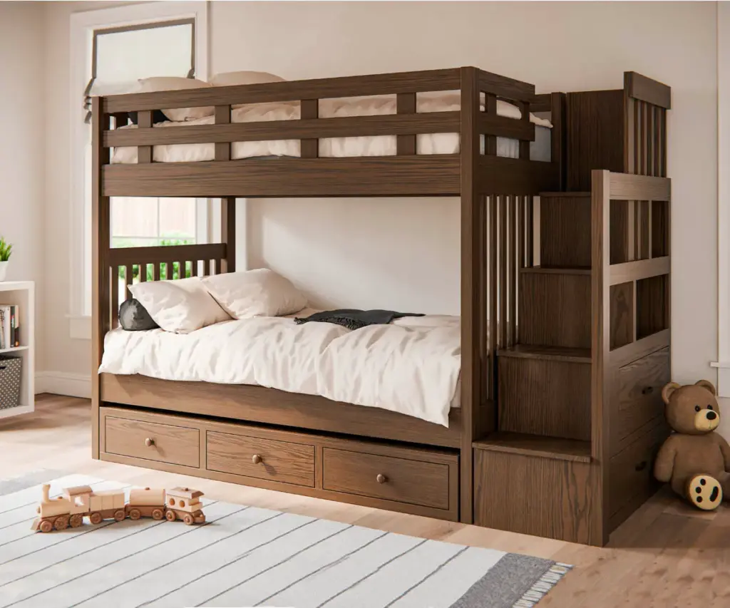 Wood bunk bed with built-in stairs and storage drawers in a bright bedroom