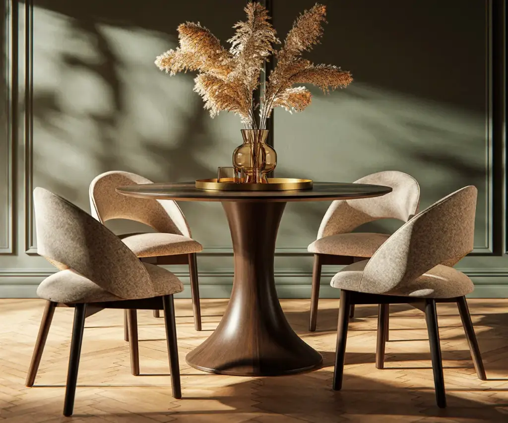 Round dark wood dining table surrounded by curved upholstered chairs in a modern dining room