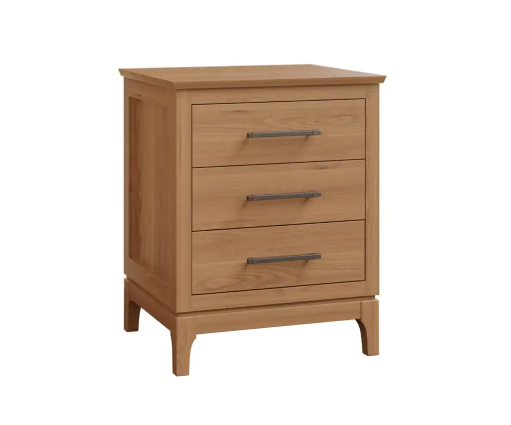 Light wood three-drawer nightstand with contemporary metal pulls