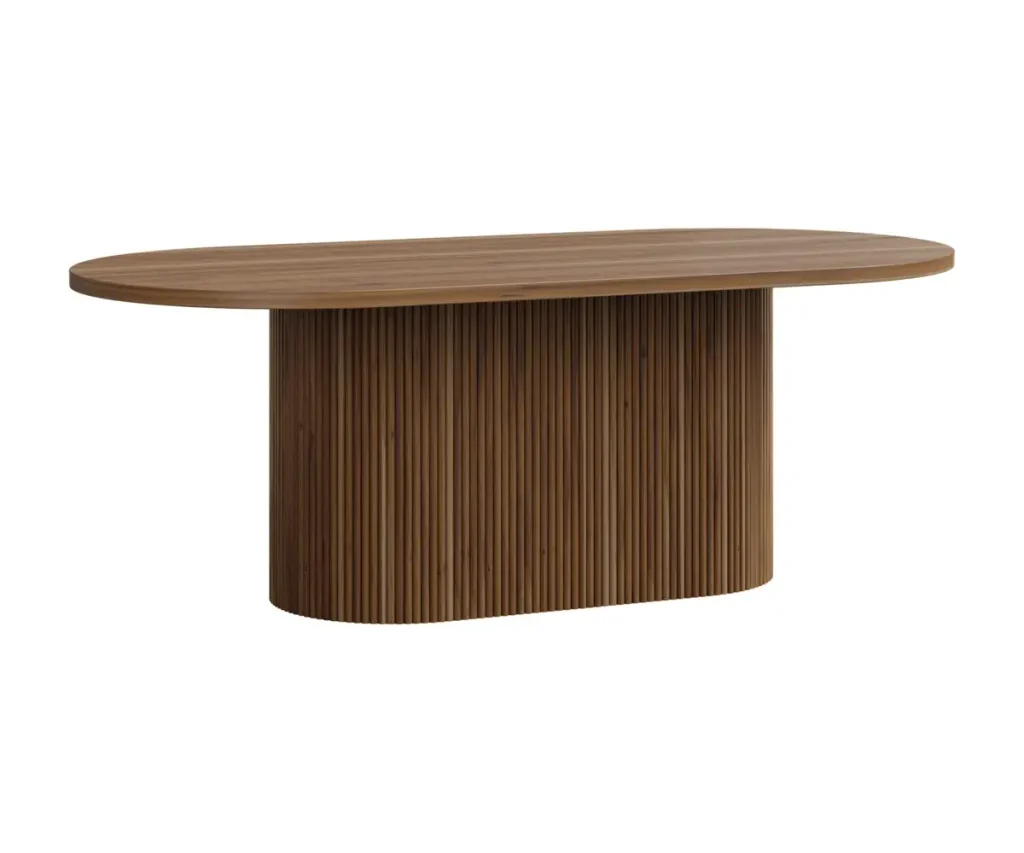 Oval wood dining table with a fluted cylindrical pedestal base.