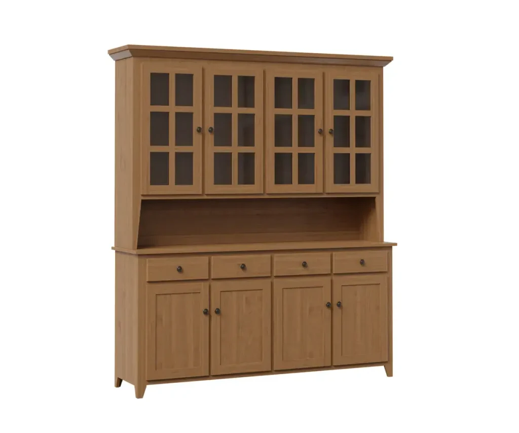 Solid wood dining hutch with glass-front upper cabinets, drawers, and lower storage cabinets.