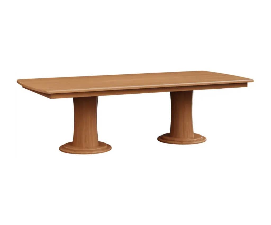 Rectangular solid wood dining table with a double pedestal base.