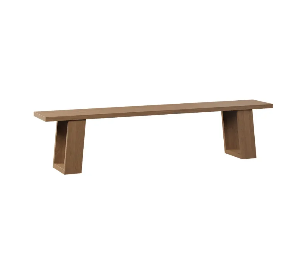 Solid wood dining bench with angled trestle-style legs.