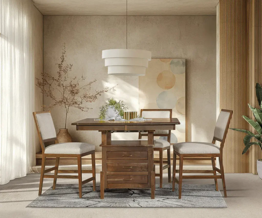 Solid wood dining table with built-in drawers and four upholstered wood chairs.