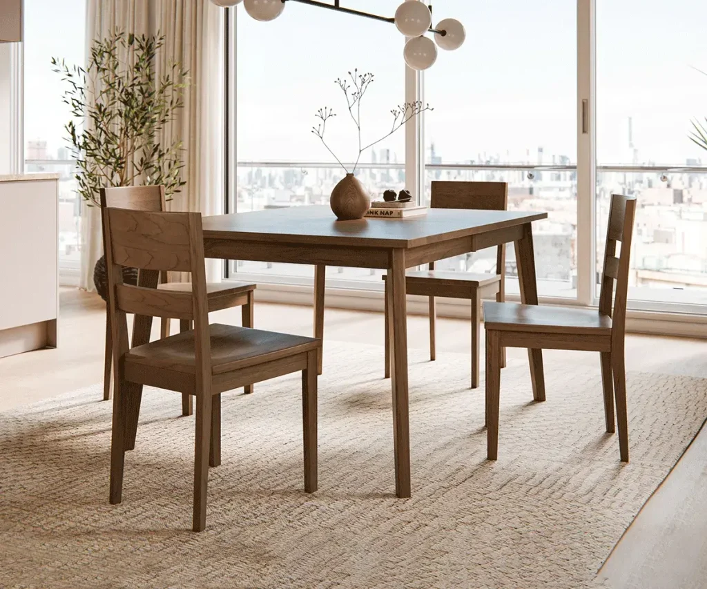 How to choose dining room furniture with a solid wood table and matching chairs in a bright modern space.