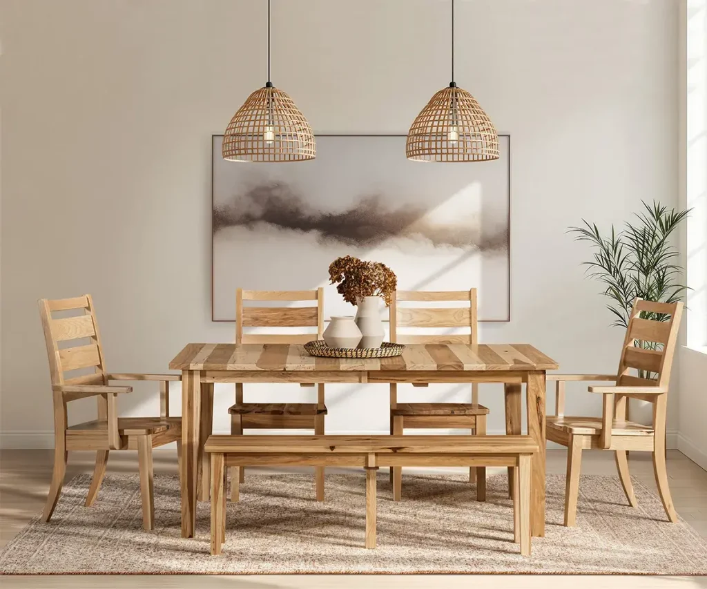 Rustic wood dining table with chairs and bench beneath woven pendant lights.
