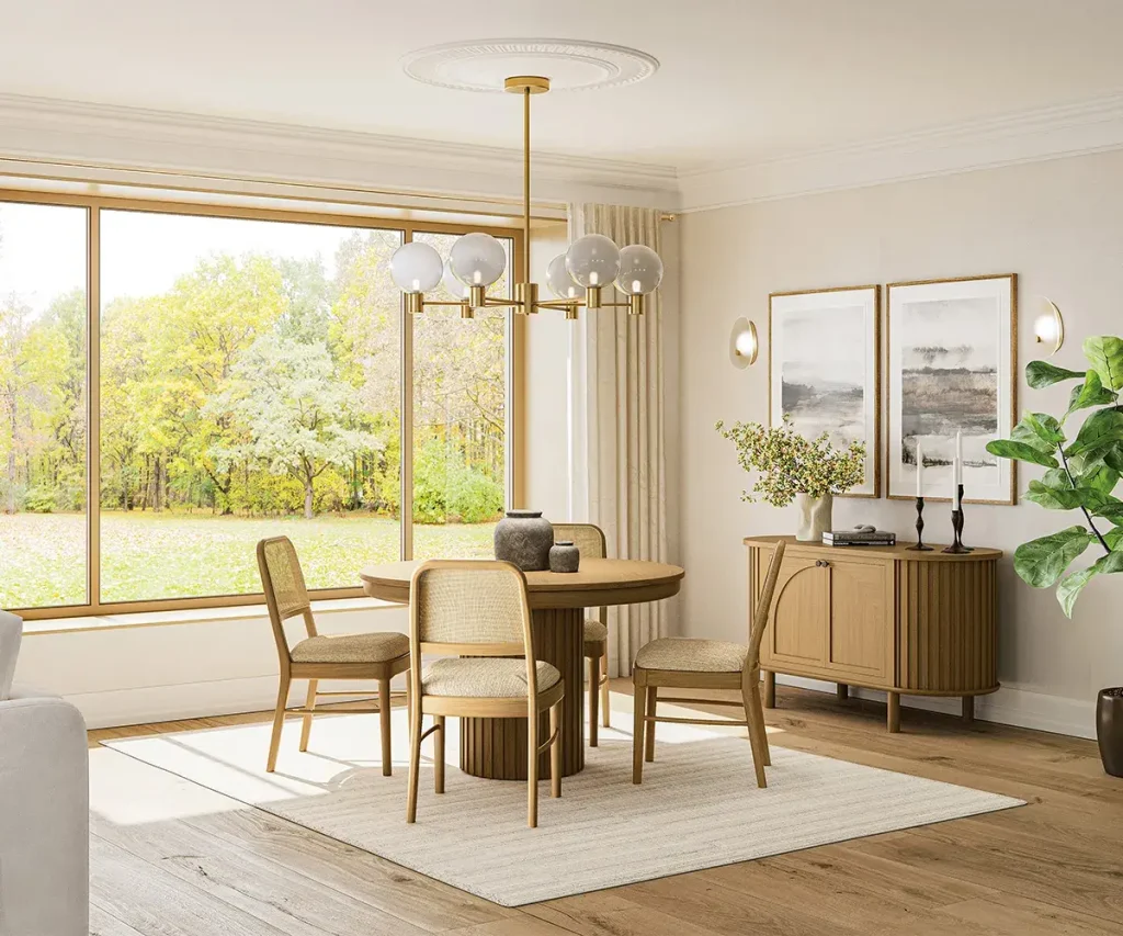 Round wood pedestal dining table with upholstered chairs and a matching fluted sideboard.