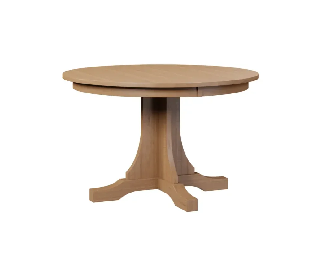 Round solid wood dining table with a traditional trestle pedestal base.