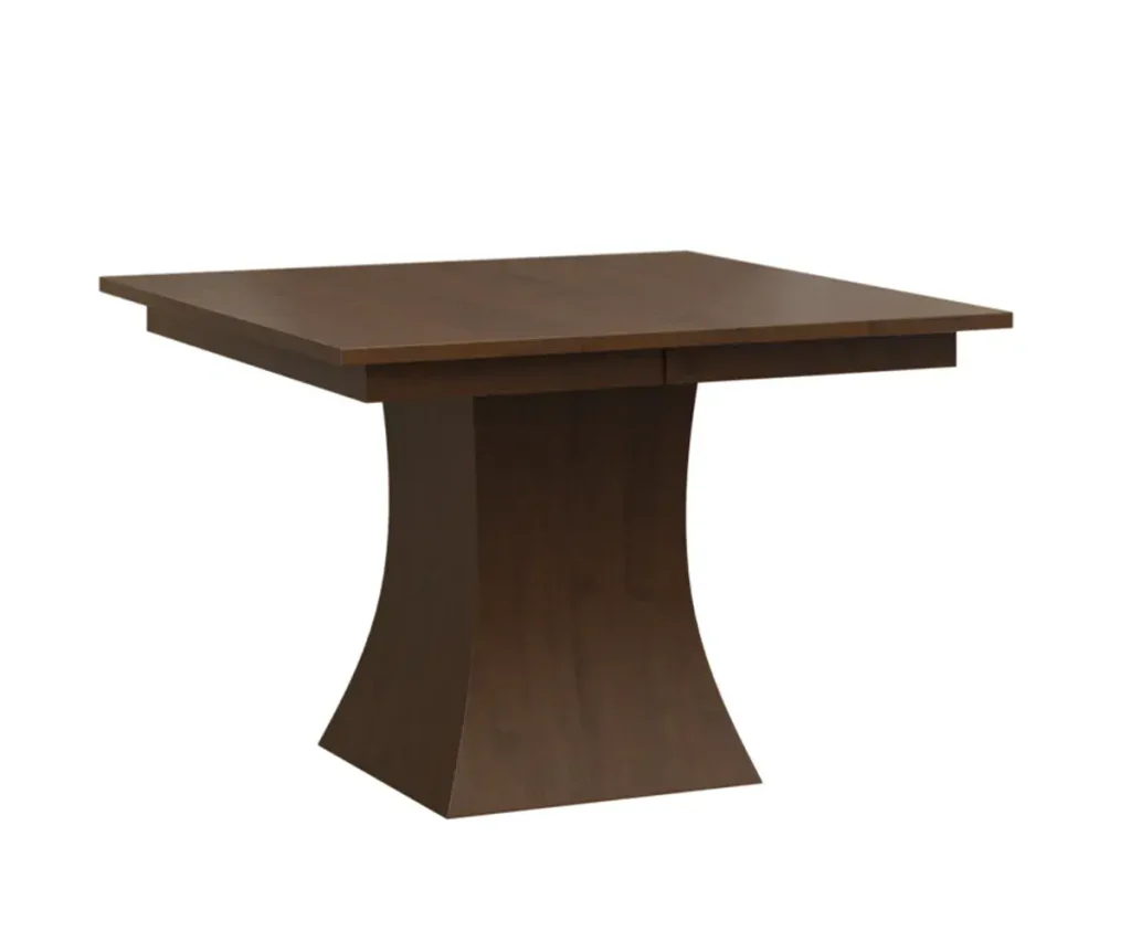 Square dark wood dining table with a curved pedestal base.